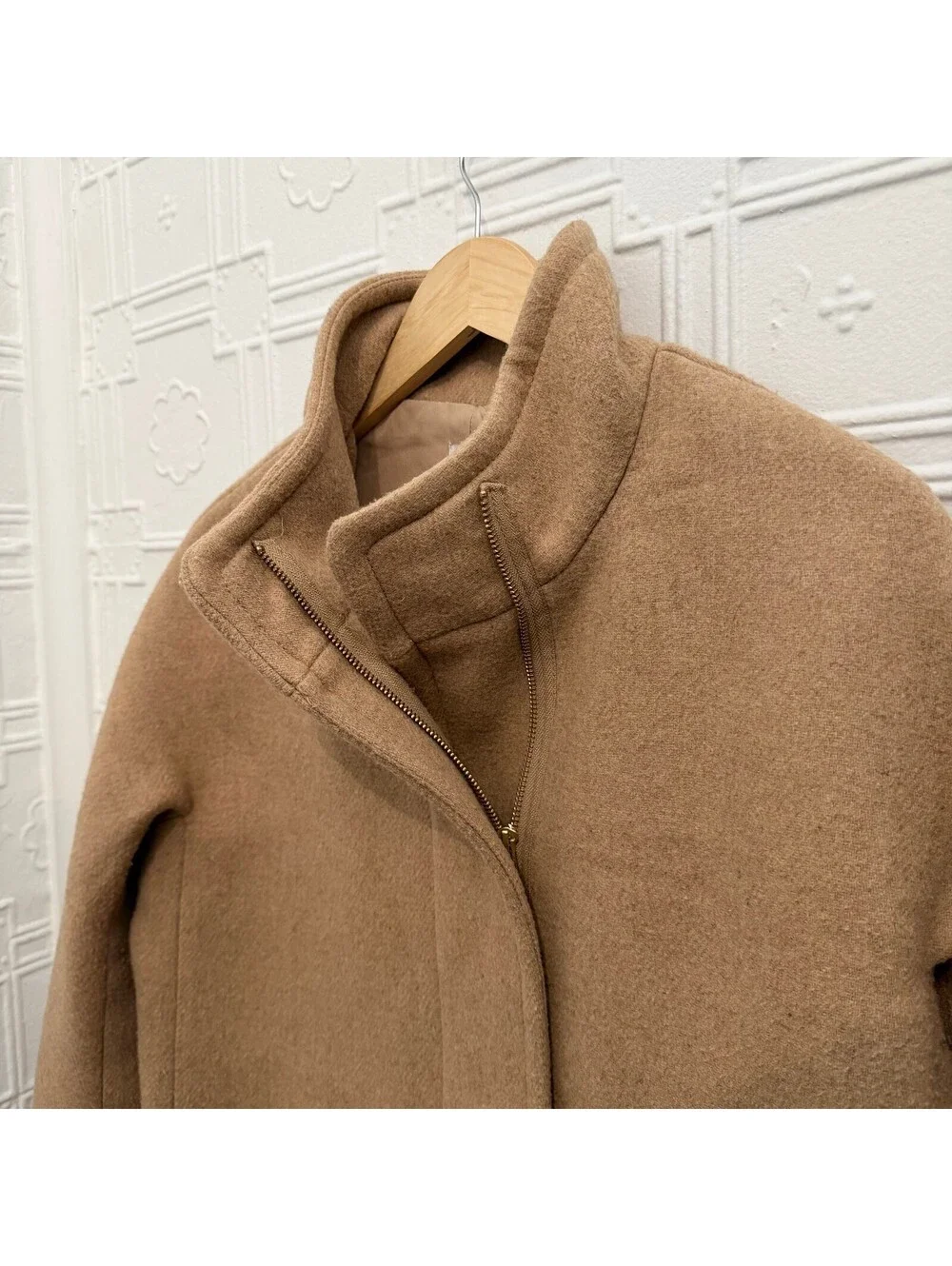 J.Crew Italian Stadium Cloth Wool Lodge Coat Camel Tan Zip Up Jacket - Size 8